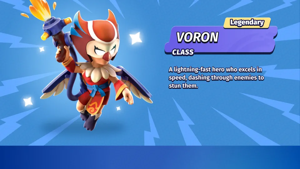 Character profile of Voron, a legendary lightning-fast brawler.