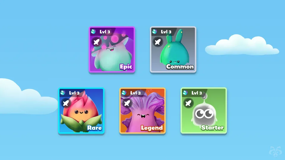 Game characters rarity cards with levels and categories