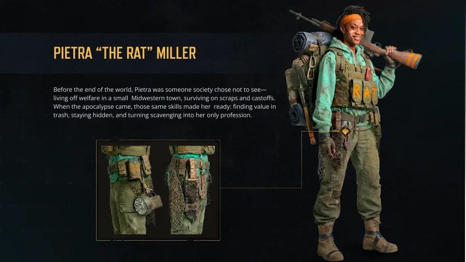 Character concept of Pietra "The Rat" Miller featuring her appearance, scavenger gear, and survival equipment for the Undeads project.