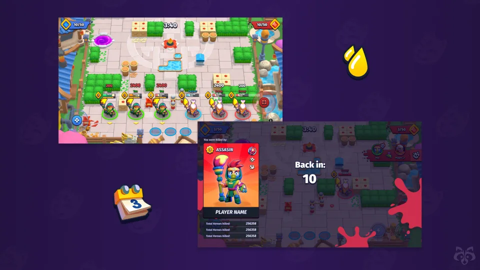 Super Heroes gameplay screen with battle arena and player stats