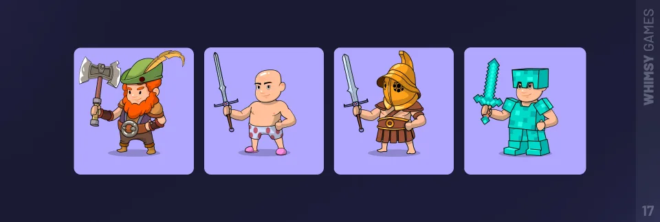cartoon warrior characters with weapons and armor