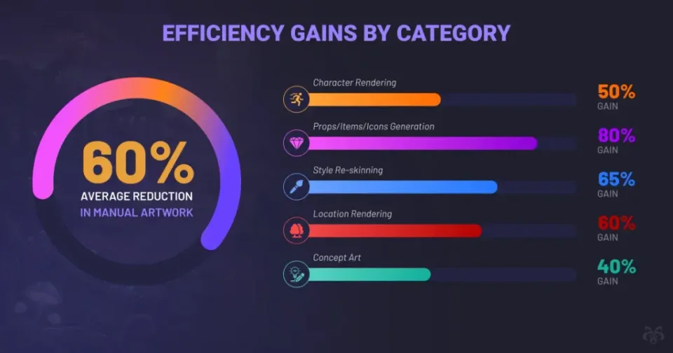 Infographic showing reported efficiency gains in game art tasks: character rendering 50%, props and icons 80%, reskinning 65%, locations 60%, and concept art 40%.