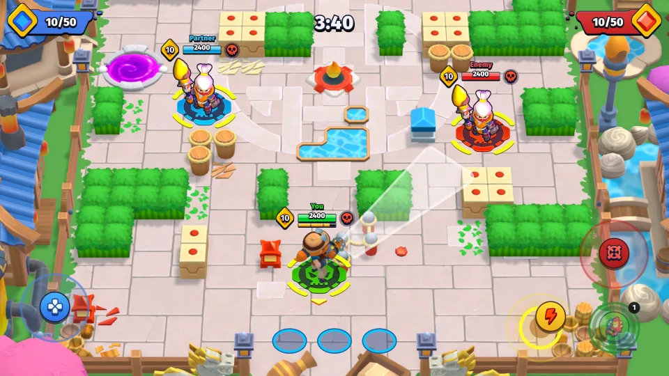 Multiplayer battle arena gameplay with characters and obstacles