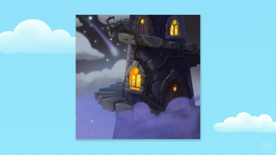 Fantasy tower on floating island with glowing windows