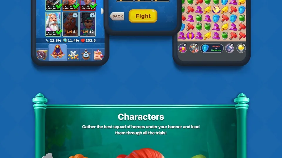 Puzzle Fight characters screen and match 3 gameplay