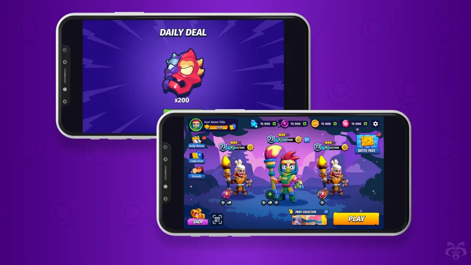Super Heroes mobile gameplay and daily deal screens