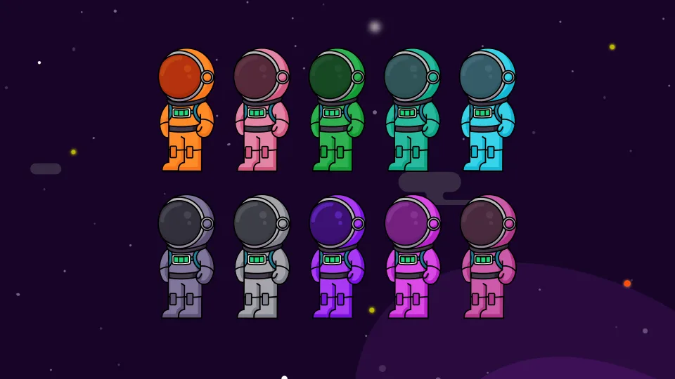 Rows of characters in colorful suits for space-themed animation