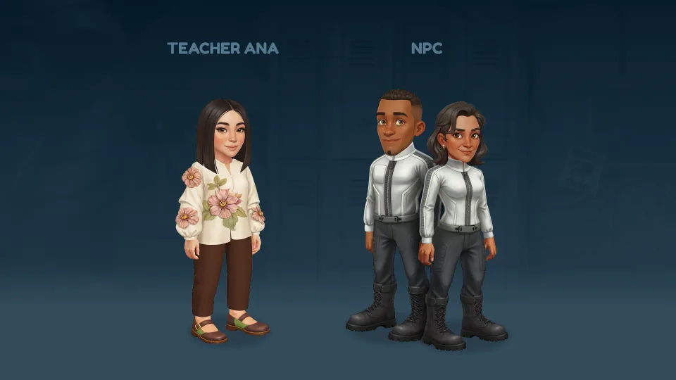spelling game NPC characters teacher and helpers