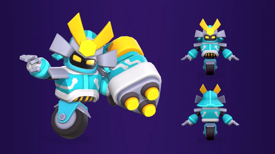 Action pose and front back views of robot samurai.