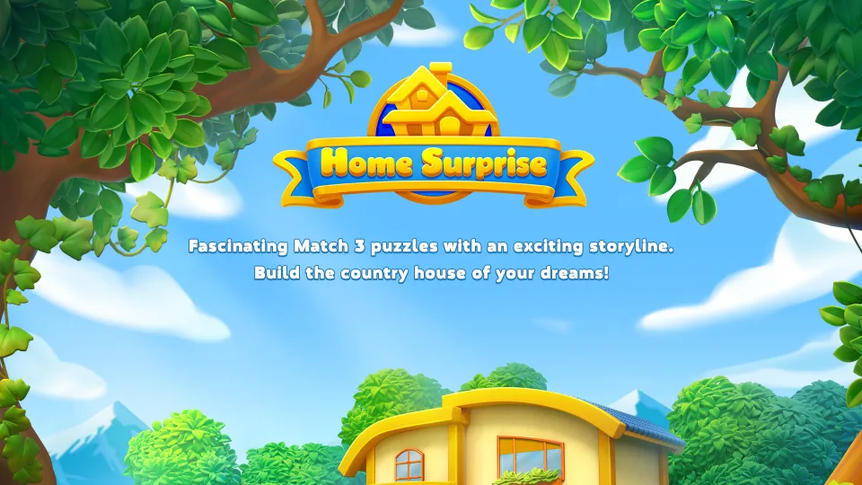 Home Surprise game banner featuring a country house and puzzles