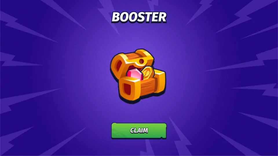 In-game booster reward chest with gems and coins.