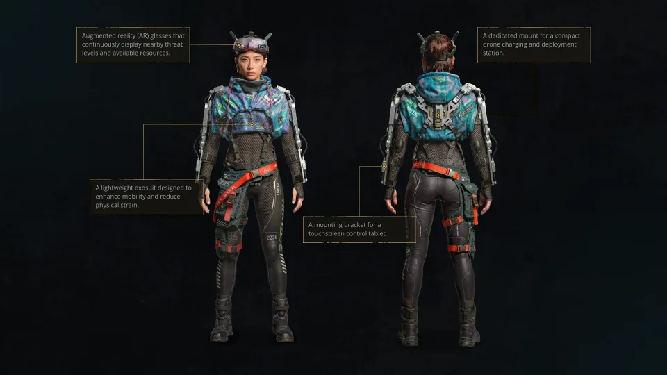 Character design sheet of Riley "Sky" Bennett showing front and back views with annotated equipment details for the Undeads project.