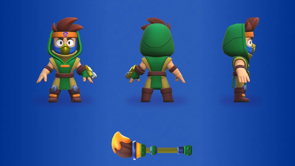 Ninja character model sheet with front back and side views