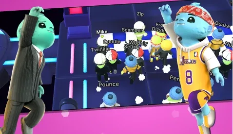 Top-down view of a chaotic Meegos Mayhem race with multiple characters competing.