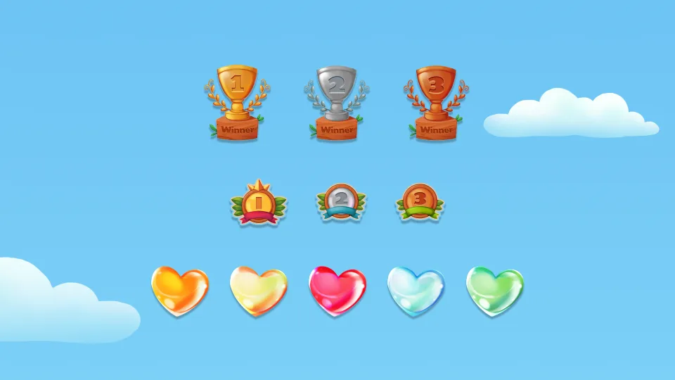 Game trophies medals and hearts icons for achievements