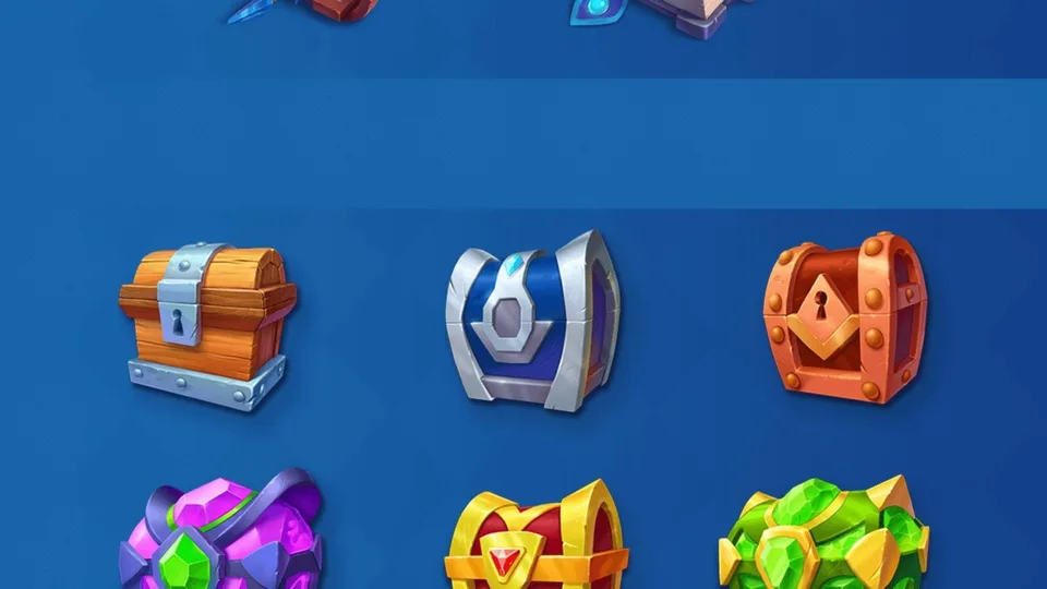 Assorted treasure chests and loot boxes for a fantasy mobile game.