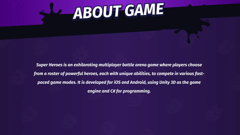Super Heroes about game screen with description text