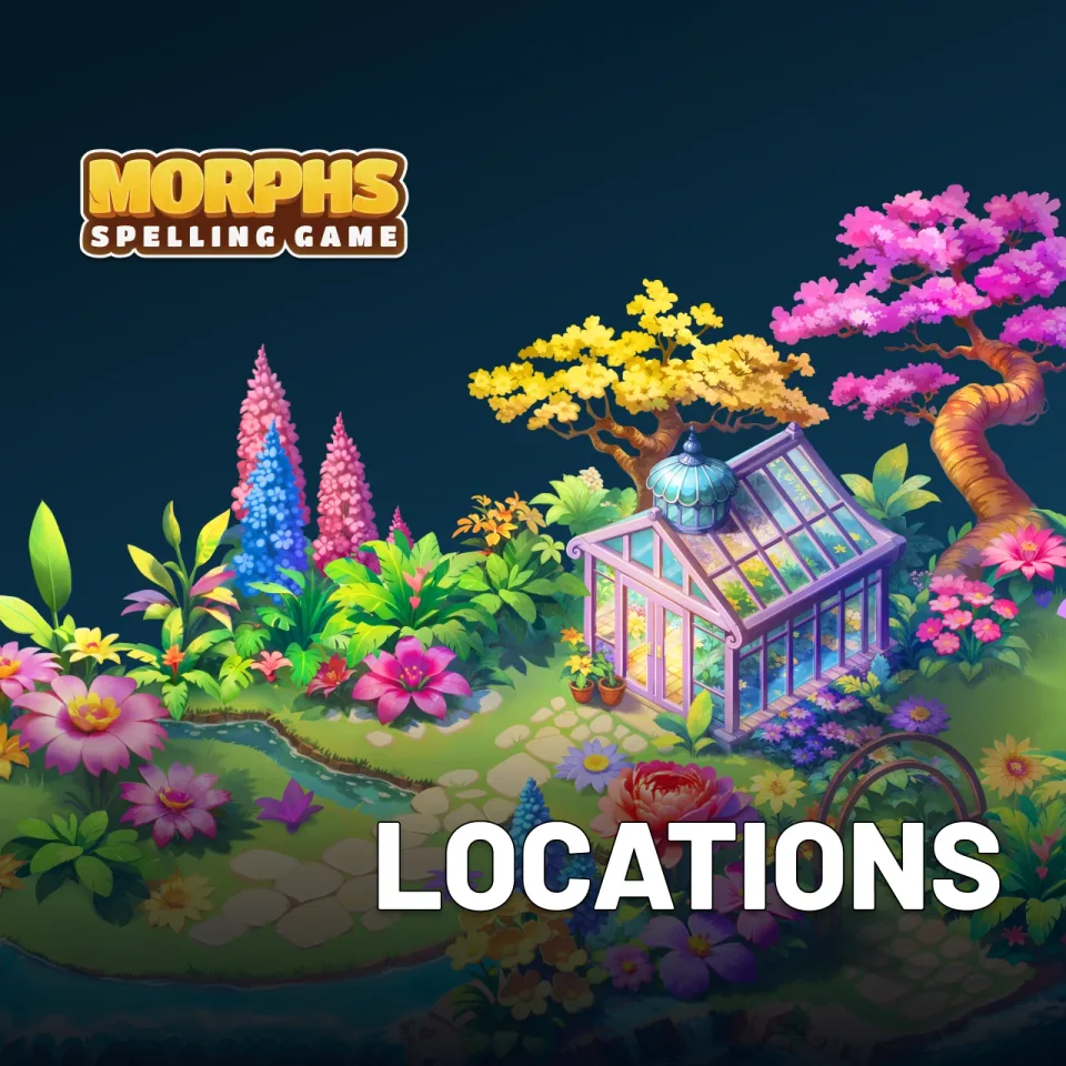 Stylized spelling game world map with colorful islands and locations