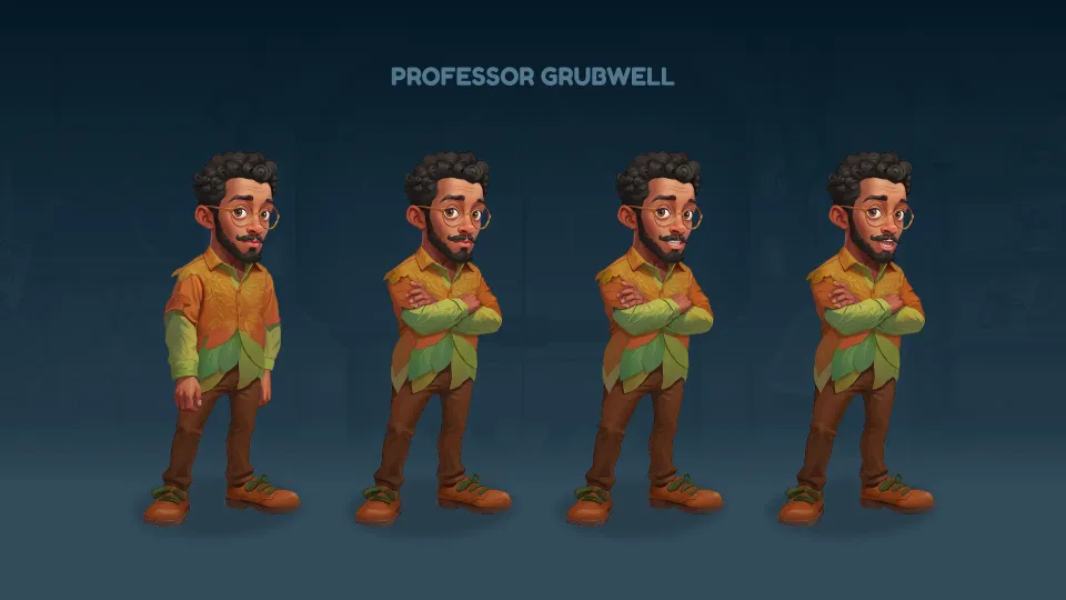 Professor Grubwell character poses spelling game