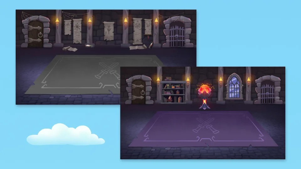 Game dungeon interior scenes with platforms and obstacles