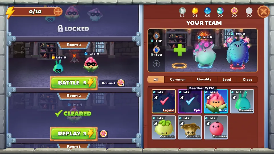 Game team selection and battle screen with characters