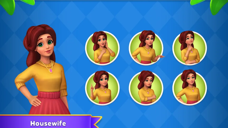 Home Surprise housewife character with various emotional expressions