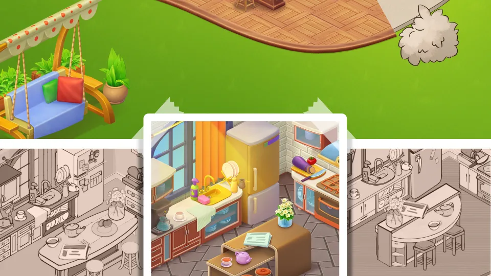 3D kitchen interior illustration with cooking activity scene