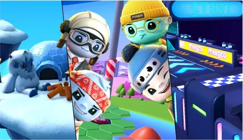 Group of Meegos Mayhem characters preparing to race in a vibrant, action-filled environment.