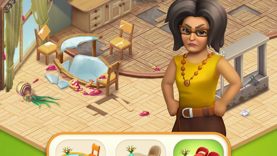3D character in messy room interior with clutter