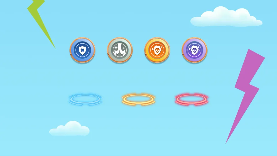 Game ability icons with colored rings and power indicators