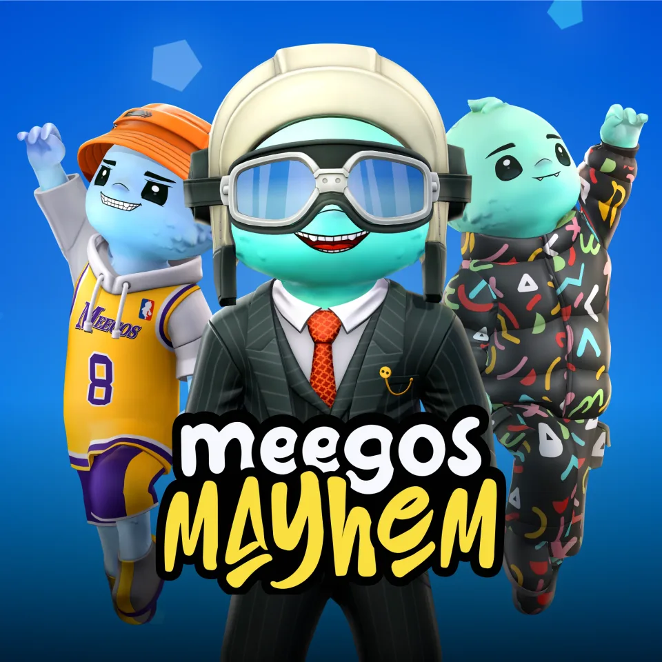 Meegos Mayhem cover art with stylized characters in colorful outfits – mobile game by Whimsy Games
