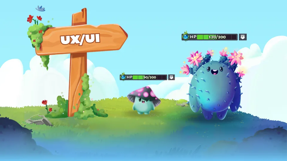Game UX UI scene with characters and interface elements