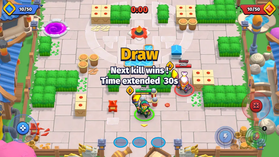 Battle arena draw screen with extended time gameplay