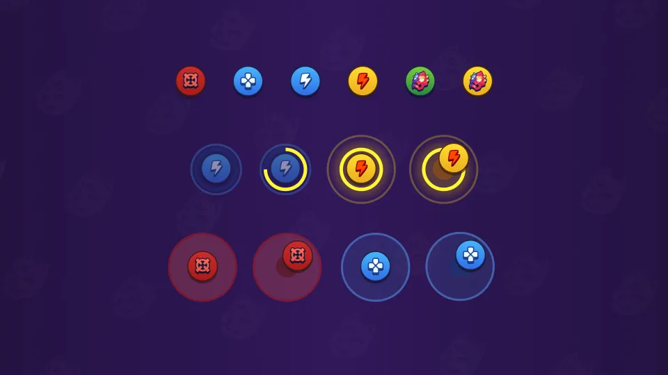 Game ability icons with elements and upgrade levels