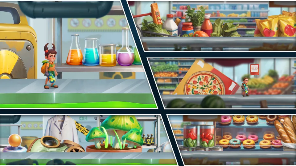 Spelling game UI showing level selection and environment layouts
