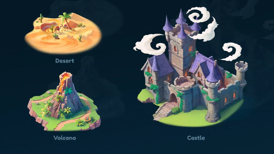fantasy spelling game location with buildings and interactive elements
