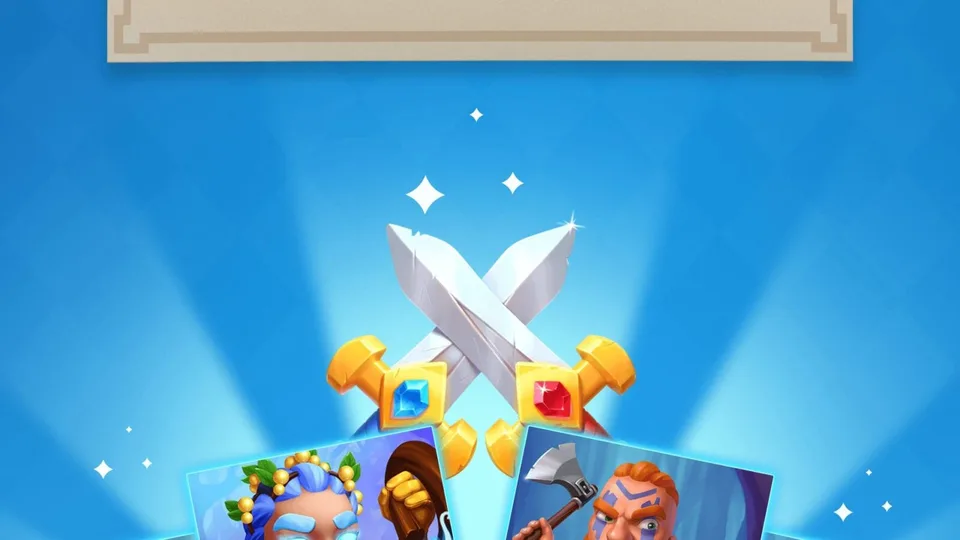 Crossed swords battle icon and hero character cards in a mobile game.