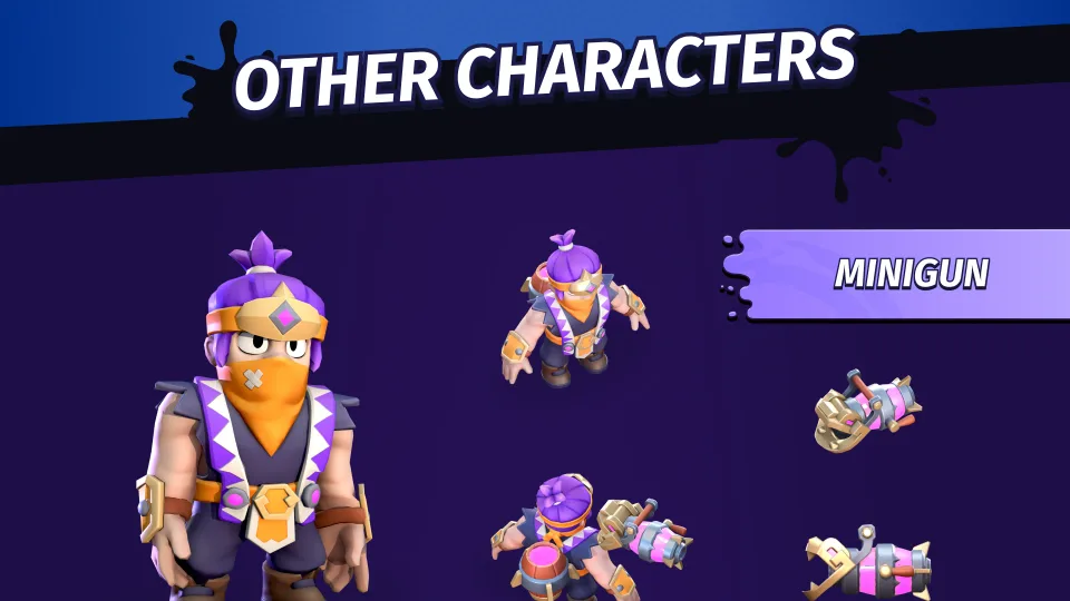 Character design and weapon assets for a purple ninja brawler.
