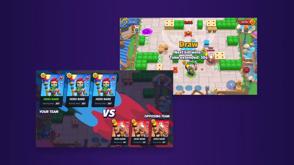 Mobile game interface showing a team versus screen and a "Draw" match result.