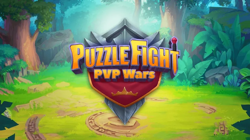Puzzle Fight PvP Wars logo in forest background