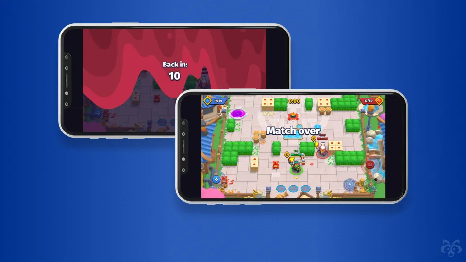 Two smartphones displaying Brawl Stars gameplay match over screen.