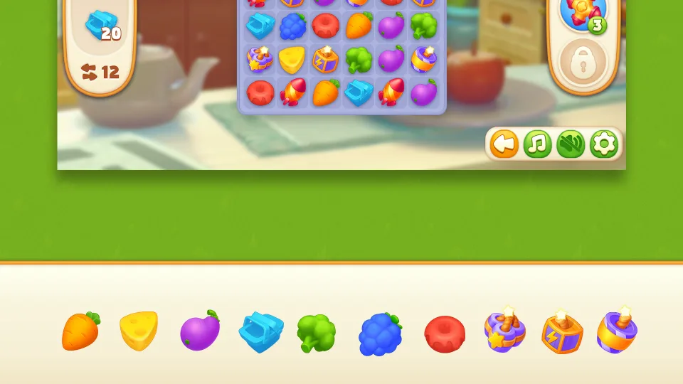 match 3 game UI with colorful fruit icons