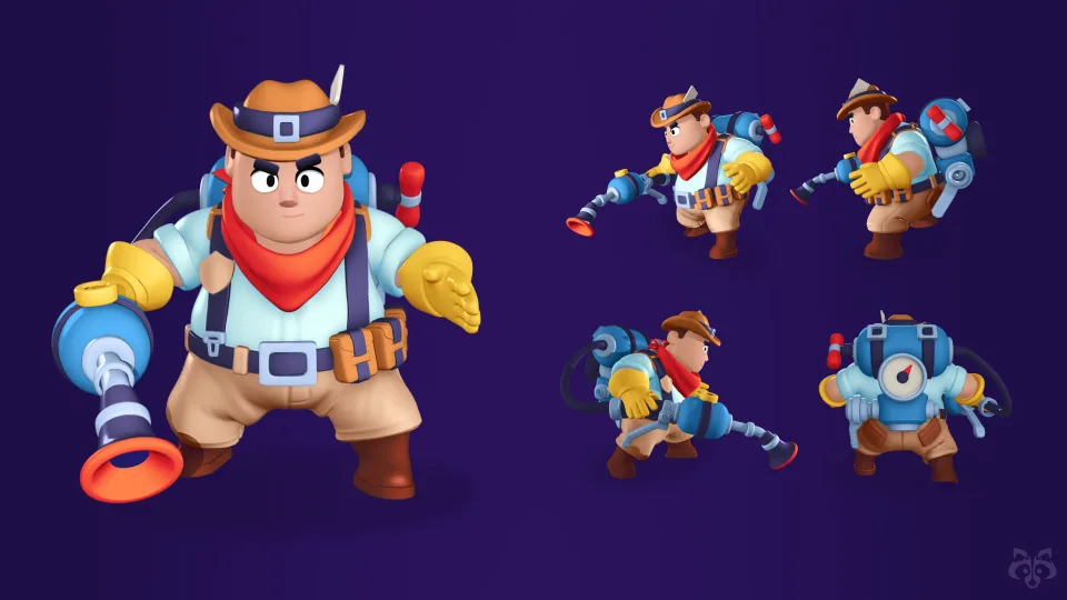 Multiple 3D views of the Gasman brawler character model.