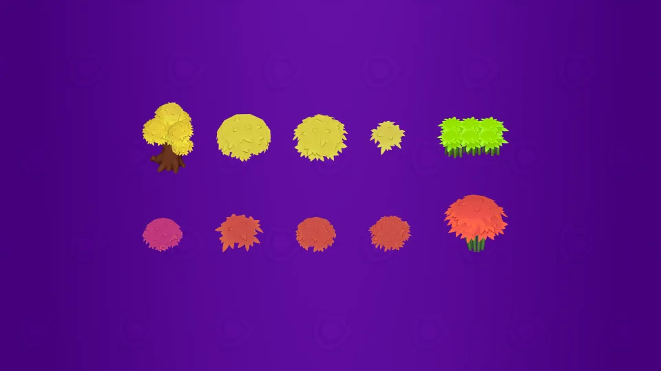 Various colorful 2D bush and tree game assets.