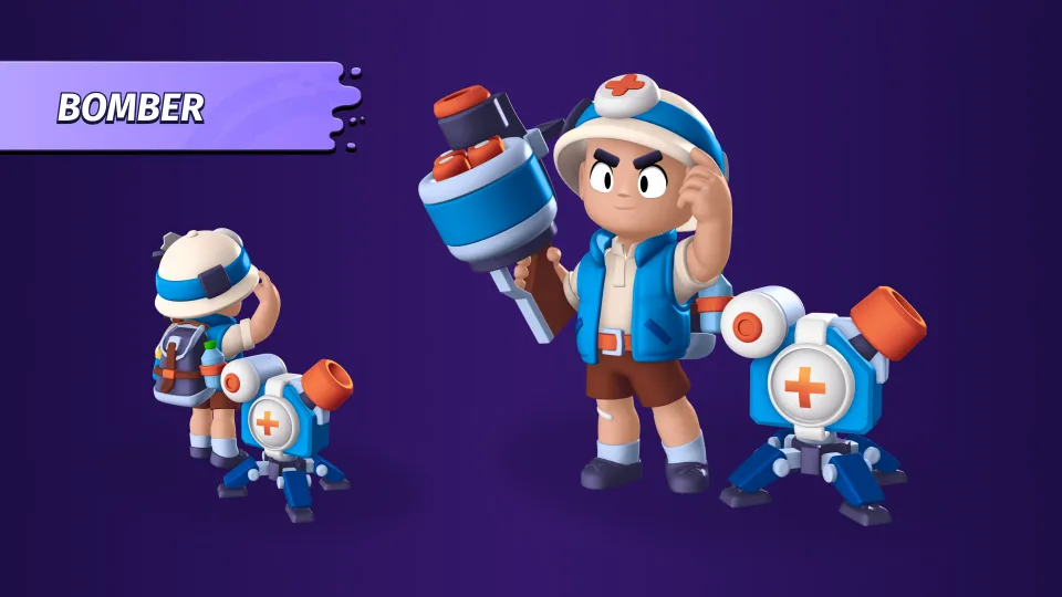Character concept for a medic-themed Bomber brawler with a deployable healing turret.