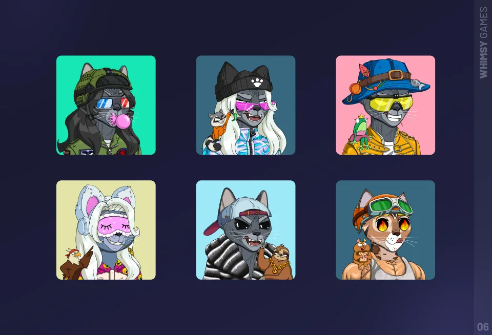 NFT animal avatars with accessories and colorful backgrounds