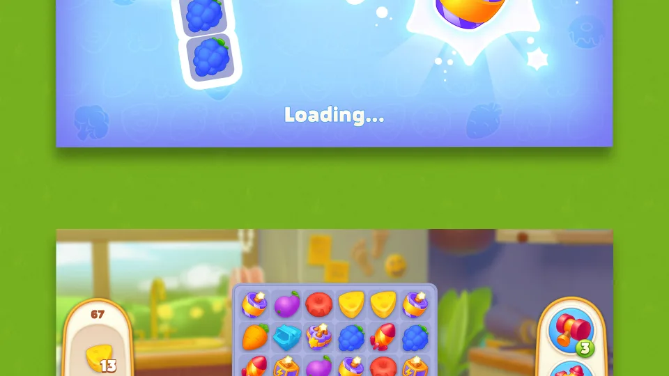 match 3 puzzle game interface with colorful icons