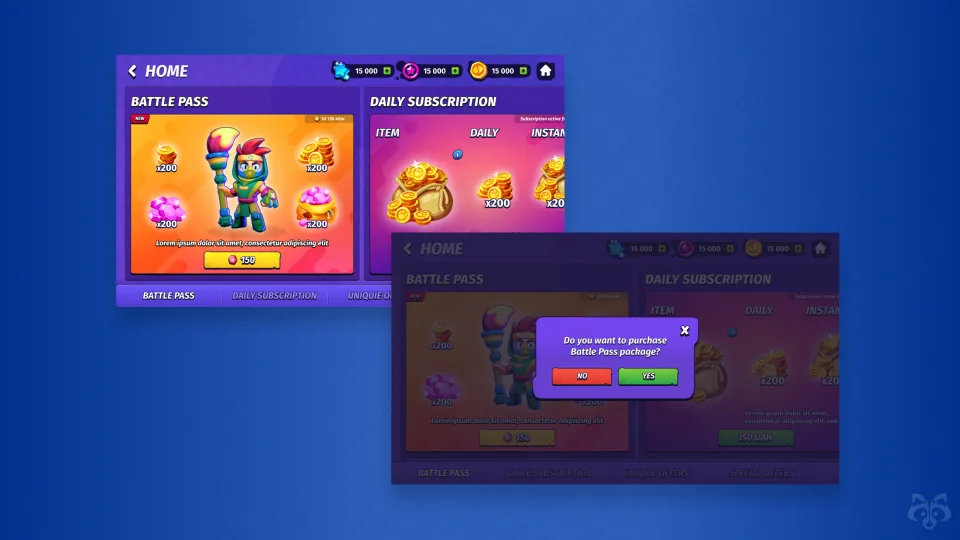 Mobile game store interface showing battle pass and currency.