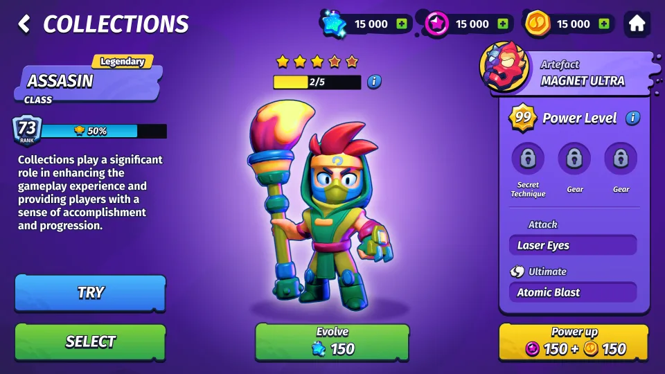 In-game collection screen showing brawler power levels and stats.