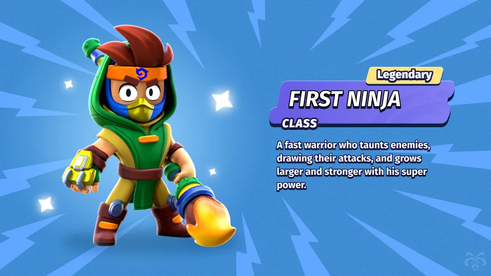 Legendary ninja hero character with abilities description
